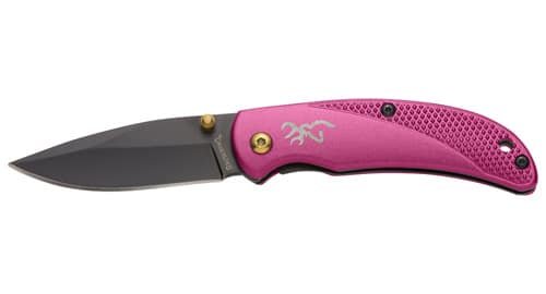 Vibrant pink folding knife with textured handle, precision blade, and convenient one-handed opening.