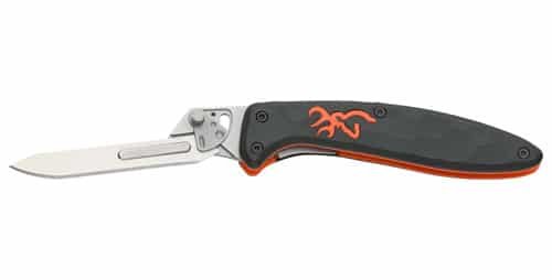 Durable folding knife with stainless steel blade, ergonomic grip, and vibrant black-orange design.