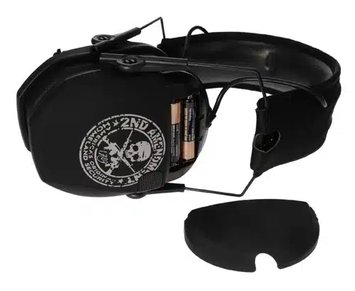 Tactical over-ear headphones with noise cancellation, skull logo, and plush ear cushions for comfort.