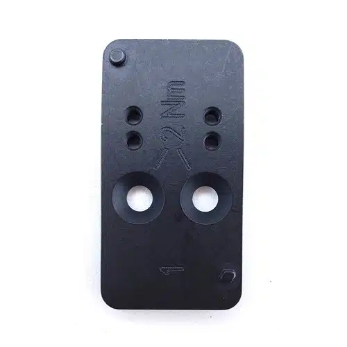 Durable black mounting bracket with holes and engravings for secure installation in various applications.