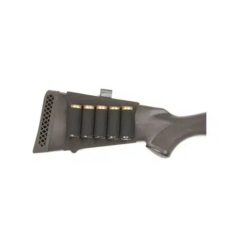 Tactical firearm stock: lightweight, ergonomic design with quick-access cartridge holders and recoil reduction pad.