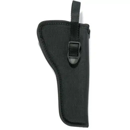 Durable tactical black handgun holster for secure and quick firearm access.