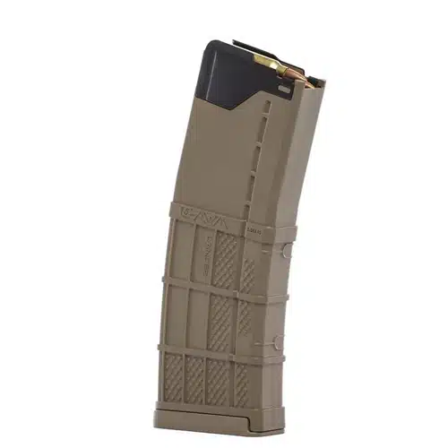 Durable tan tactical rifle magazine for enhanced grip and reliable performance in outdoor conditions.