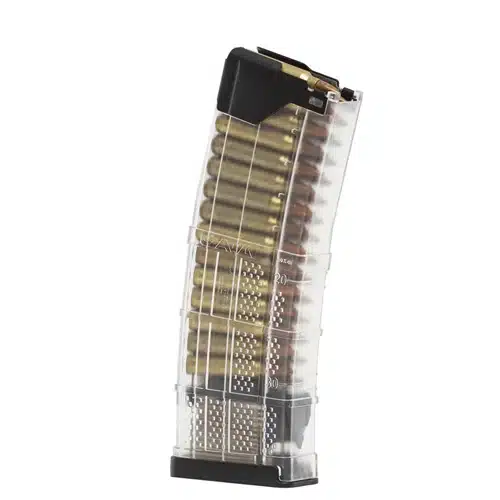 Curved transparent magazine for semi-automatic rifles with visible brass-cased rounds. Durable and ergonomic design.