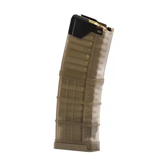 Curved camouflage ammunition magazine for seamless feeding and quick reloads in tactical situations.
