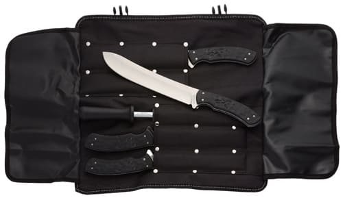 Compact black knife roll with essential chef and specialty knives for culinary enthusiasts.