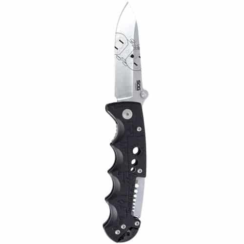 Durable folding knife with serrated blade and ergonomic grip for versatile everyday use.