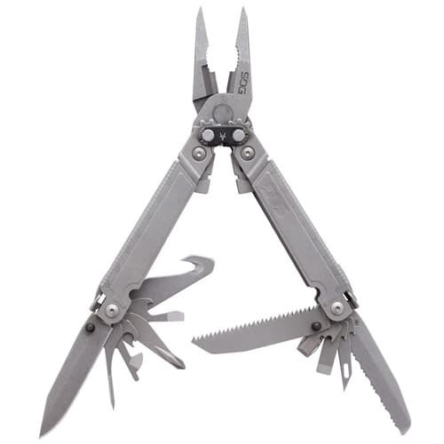 Compact stainless steel multitool with pliers, knife, can opener; perfect for outdoor and everyday tasks.