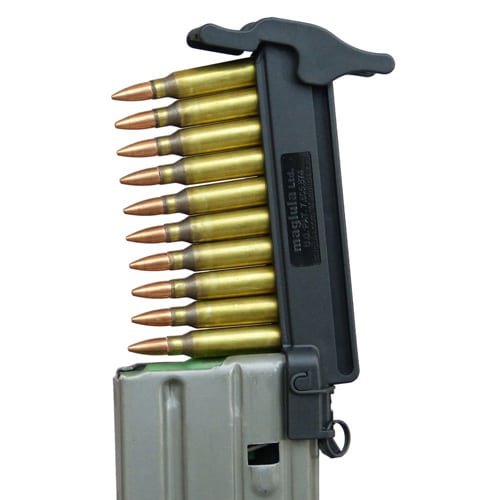 Durable metallic magazine with polished brass ammunition and efficient black polymer stripper clip.