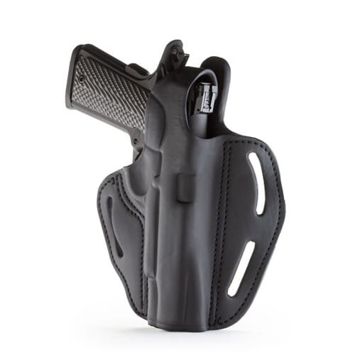 Secure black handgun holster for quick access, crafted from durable, wear-resistant material.