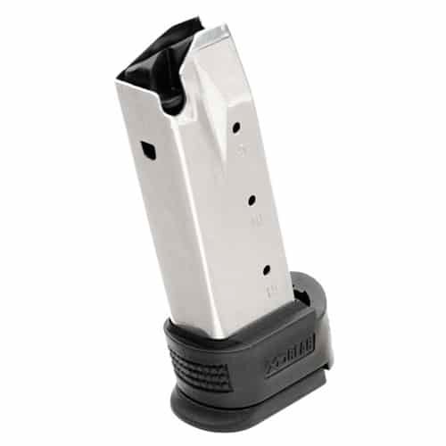 Durable stainless steel firearm magazine with polymer base pad and quick round count visibility.