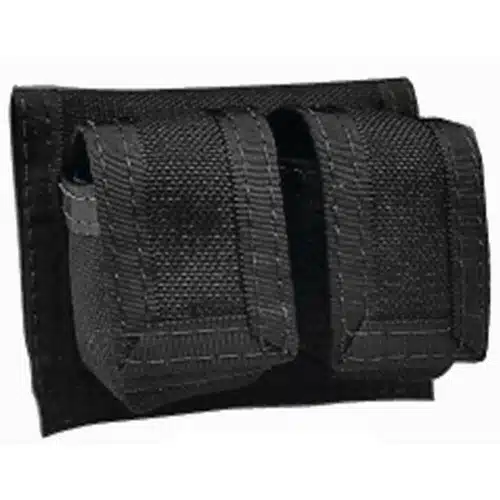 Durable black tactical pouch with MOLLE system for secure outdoor and military storage.