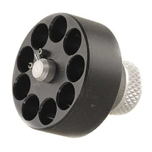 Durable matte black revolver cylinder with multiple chambers for quick reloading and efficient firing.