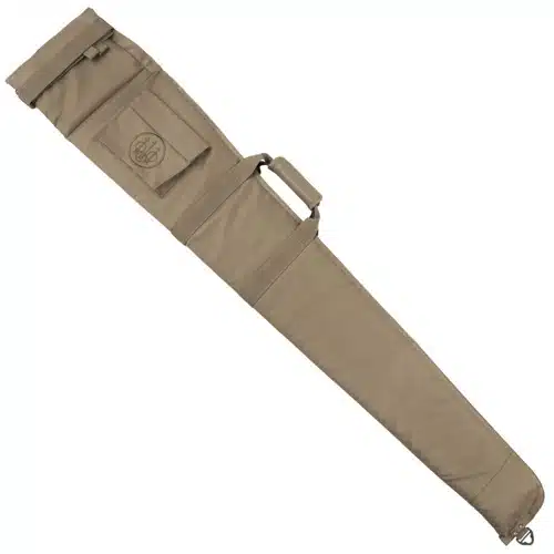 Durable khaki gun case for rifles with secure flap and accessory pocket for outdoor enthusiasts.