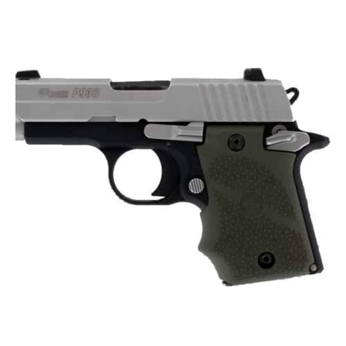 Sleek compact handgun with olive green grip and chrome slide for personal defense and concealed carry.