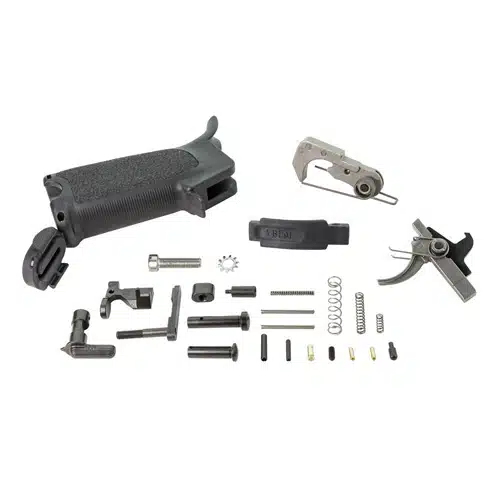 Lower receiver assembly kit with trigger, springs, and pins for firearm customization and reliability.