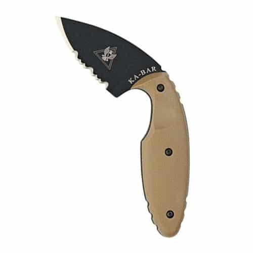 KA-BAR Tactical Knife: curved serrated blade with ergonomic khaki handle for versatility and style.