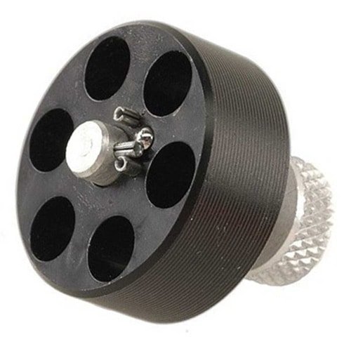 Sleek black revolver cylinder with six chambers and textured knob for easy operation.