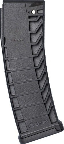 Curved black polymer magazine for semi-automatic firearms, featuring ergonomic design and durability.
