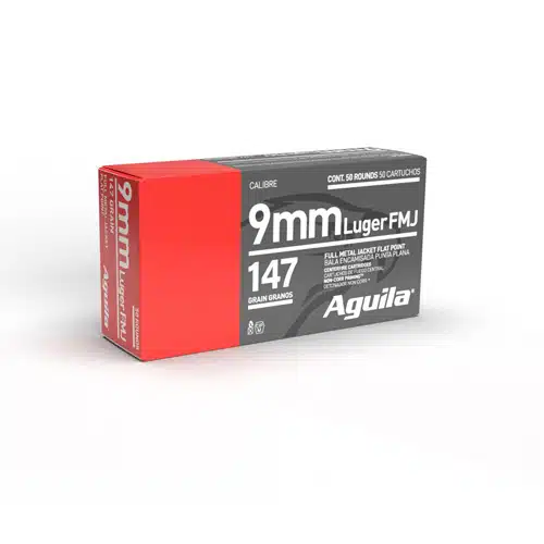 Aguila 9mm Luger 147 Grain FMJ ammunition box for reliable target shooting and self-defense.