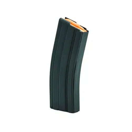 Curved black metal magazine with round visibility for quick reloading in tactical firearms.