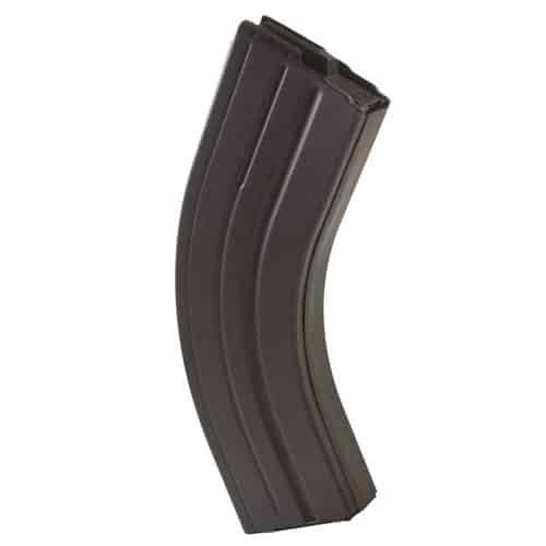 Durable curved black magazine for firearms, optimized for high capacity and reliable performance.