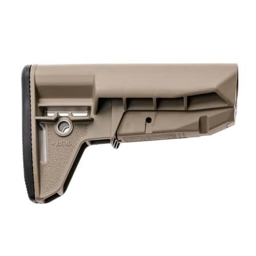 Adjustable tactical rifle stock with rubber pad for comfort and stability during shooting.