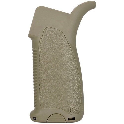 Ergonomic tactical pistol grip with textured surface and convenient storage for enhanced firearm control.
