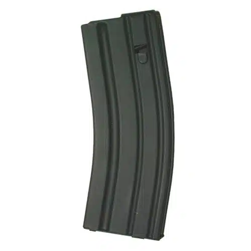 High-capacity black curved magazine for reliable performance in semi-automatic and automatic rifles.