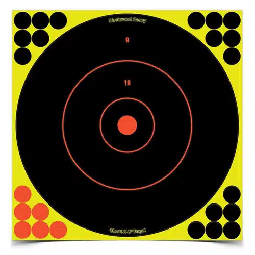 High-visibility shooting target with black and red scoring zones for improved accuracy and focus.