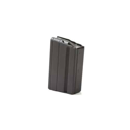 Durable black firearm magazine for reliable ammunition storage with ergonomic grip design.