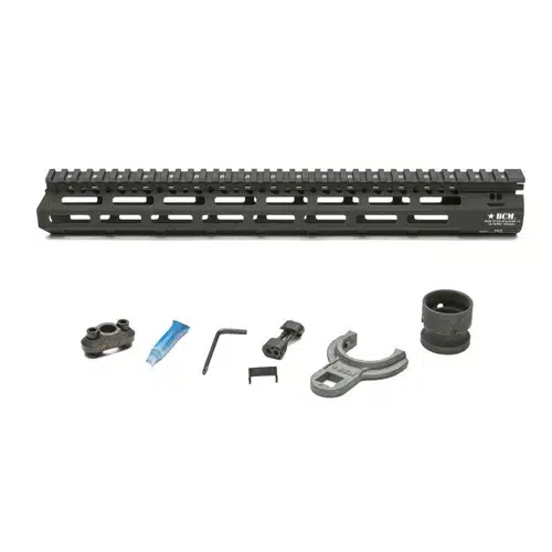 Customizable modular firearm rail system with essential accessories and fasteners for precision upgrades.