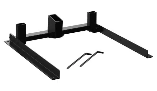 Durable black metal frame with assembly tools for secure equipment support in various settings.