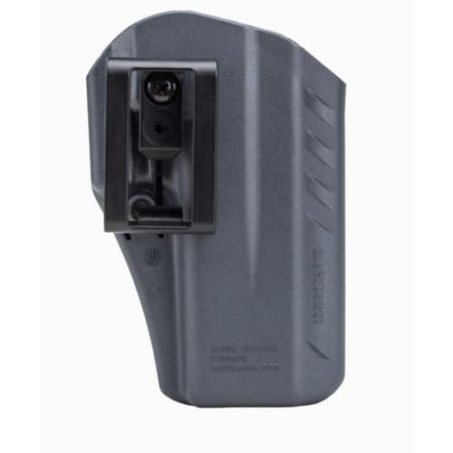 Sleek tactical gray firearm holster with secure grip, ergonomic design, and versatile mounting options.