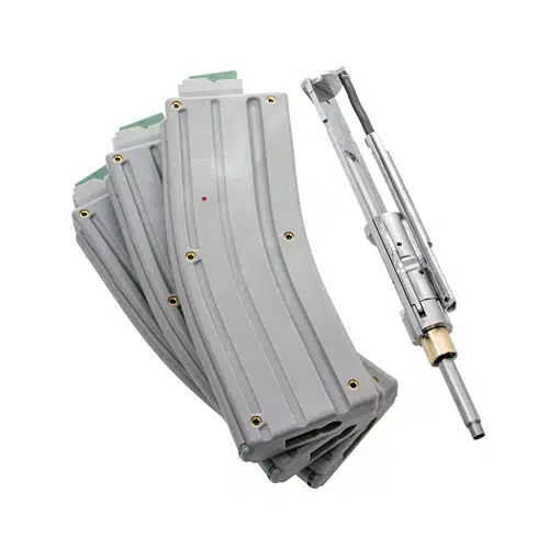 High-performance gray magazines and bolt carrier group for efficient firearm operation and reliable cycling.