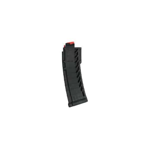 Black magazine with red follower for semi-automatic rifles, ensuring reliable and efficient reloading.