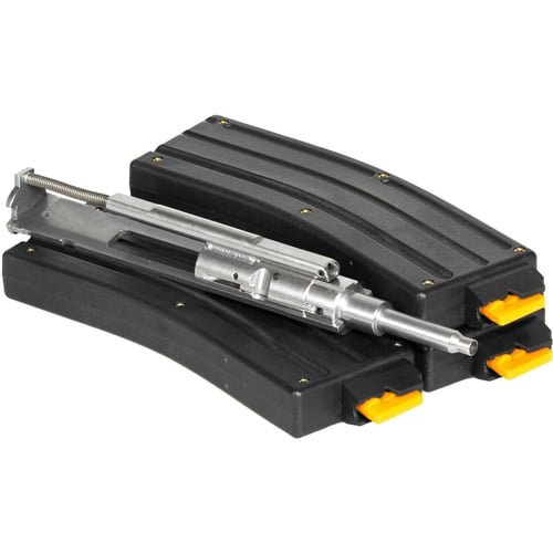 Tactical rifle magazines with yellow base plates and bolt carrier group for enhanced visibility and performance.