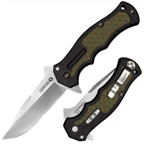 Stylish drop point folding knife with a textured green handle and durable stainless steel blade.