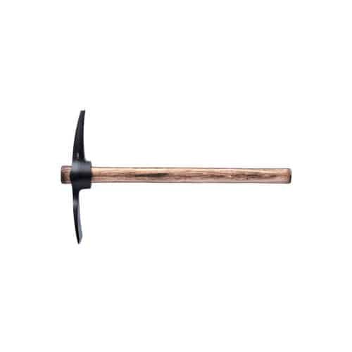 Durable dual-sided pickaxe for mining and construction, featuring a comfortable wooden handle and sturdy steel head.