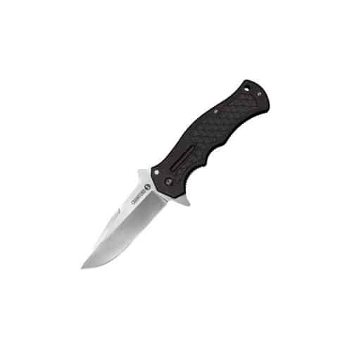 Sleek stainless steel folding knife with ergonomic textured handle, ideal for outdoor and everyday use.