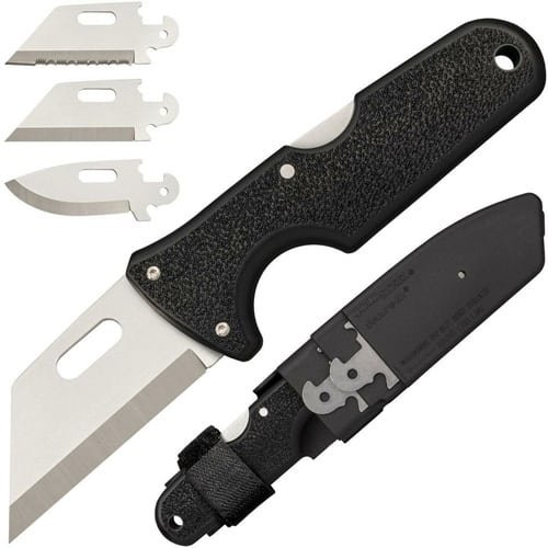 Multi-functional utility knife with stainless steel blade, interchangeable blades, and durable sheath for storage.