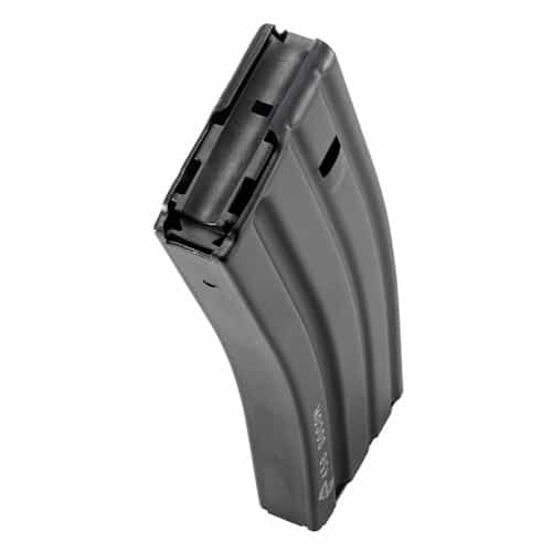 Durable curved firearm magazine with round indicator, ideal for tactical and military use.