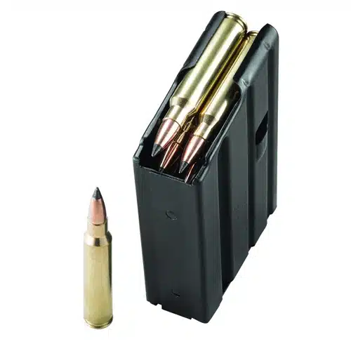 Durable black firearm magazine with brass cartridges for reliable military and competitive shooting.