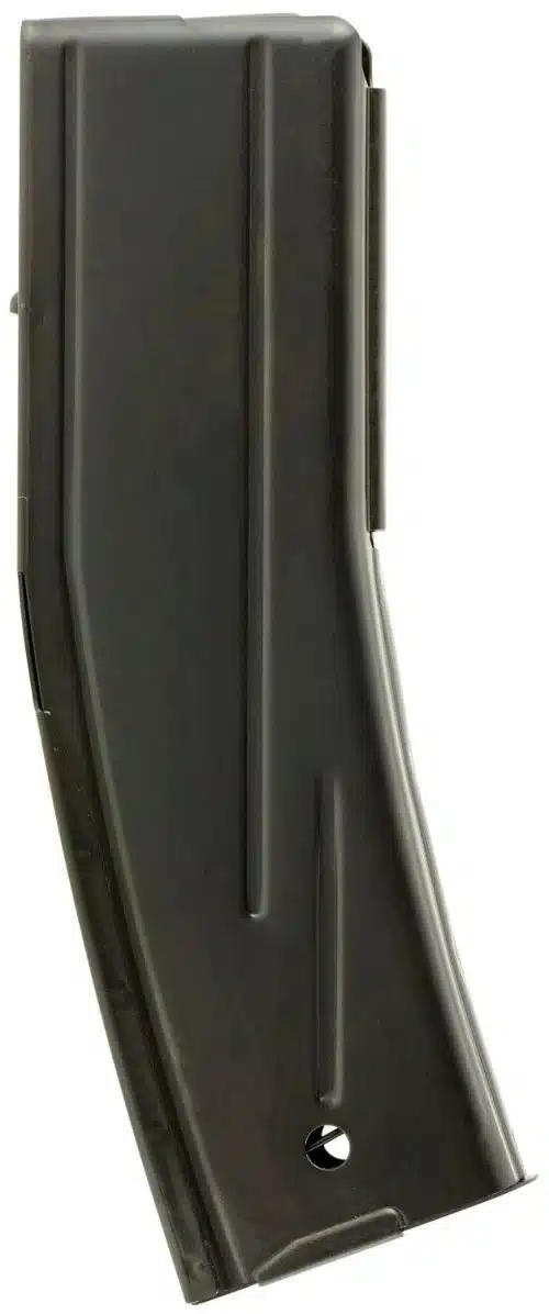 Durable curved black magazine for semi-automatic firearms, enhancing reliability and performance.