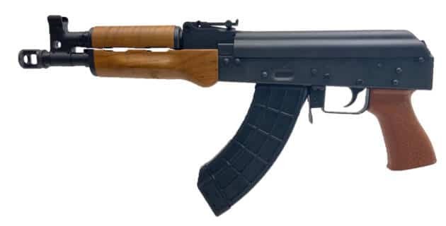 Durable automatic rifle with wooden stocks, ergonomic grip, and curved magazine for tactical efficiency.