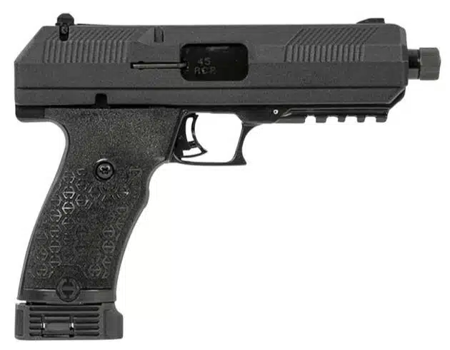 Tactical JHP45TB12BF handgun with ergonomic grip and accessory rail for enhanced performance.