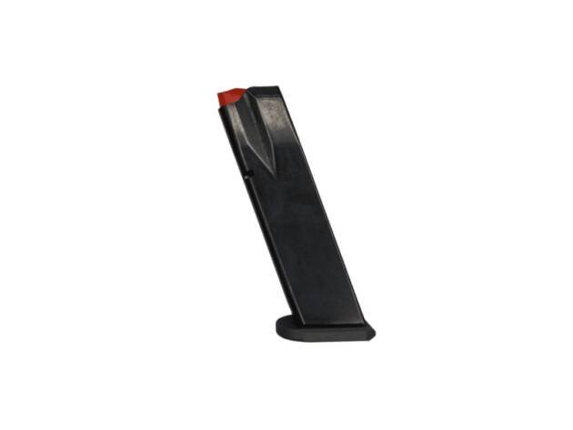 Lightweight polymer firearm magazine with red follower for quick status checks and efficient reloading.