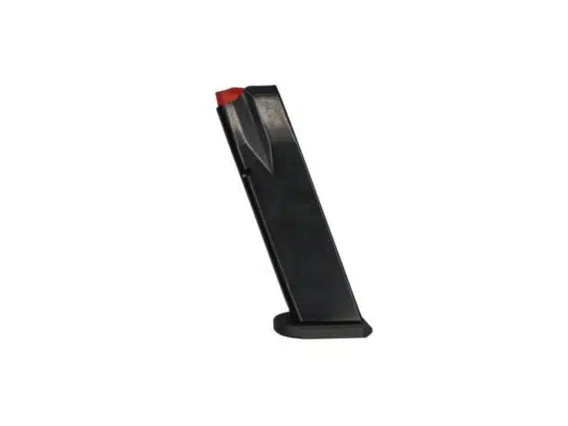 Lightweight polymer firearm magazine with red follower for quick status checks and efficient reloading.