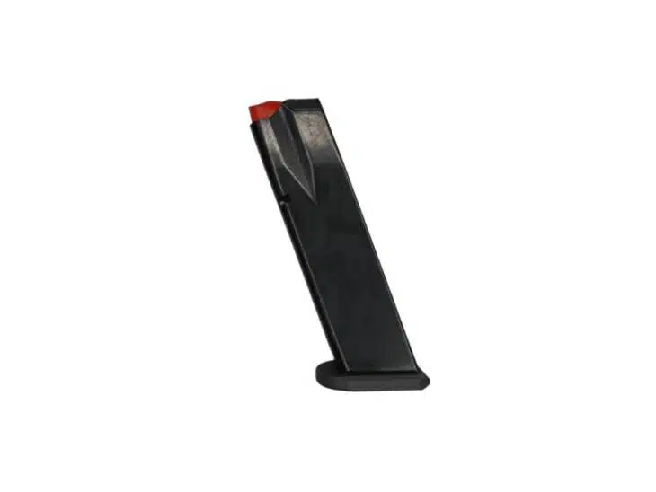 Lightweight polymer firearm magazine with red follower for quick status checks and efficient reloading.