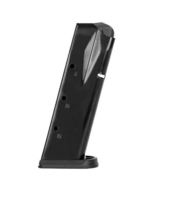 Sleek black firearm magazine with witness holes for round visibility and secure grip.
